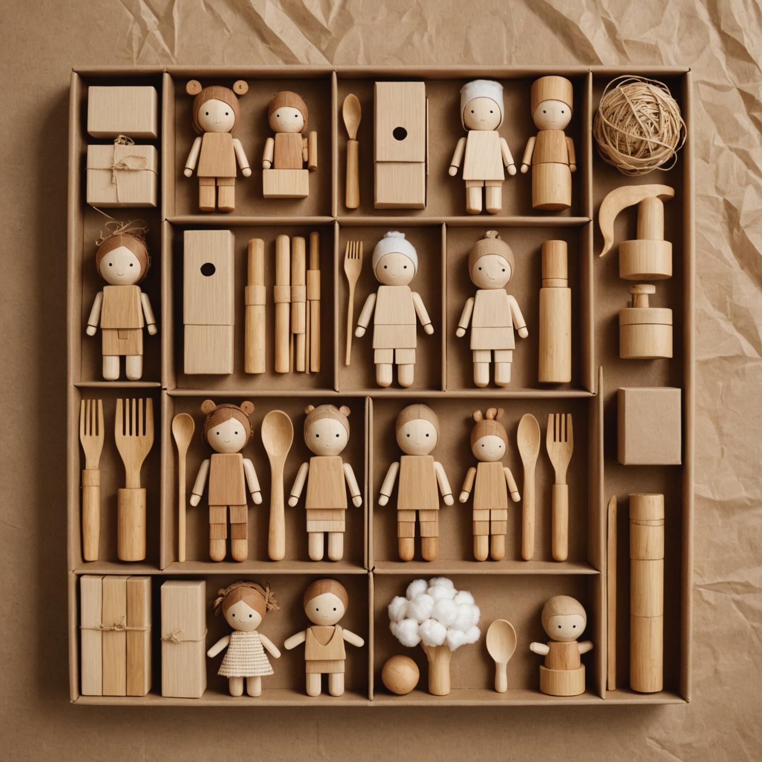 Eco-friendly wooden toys on kraft paper