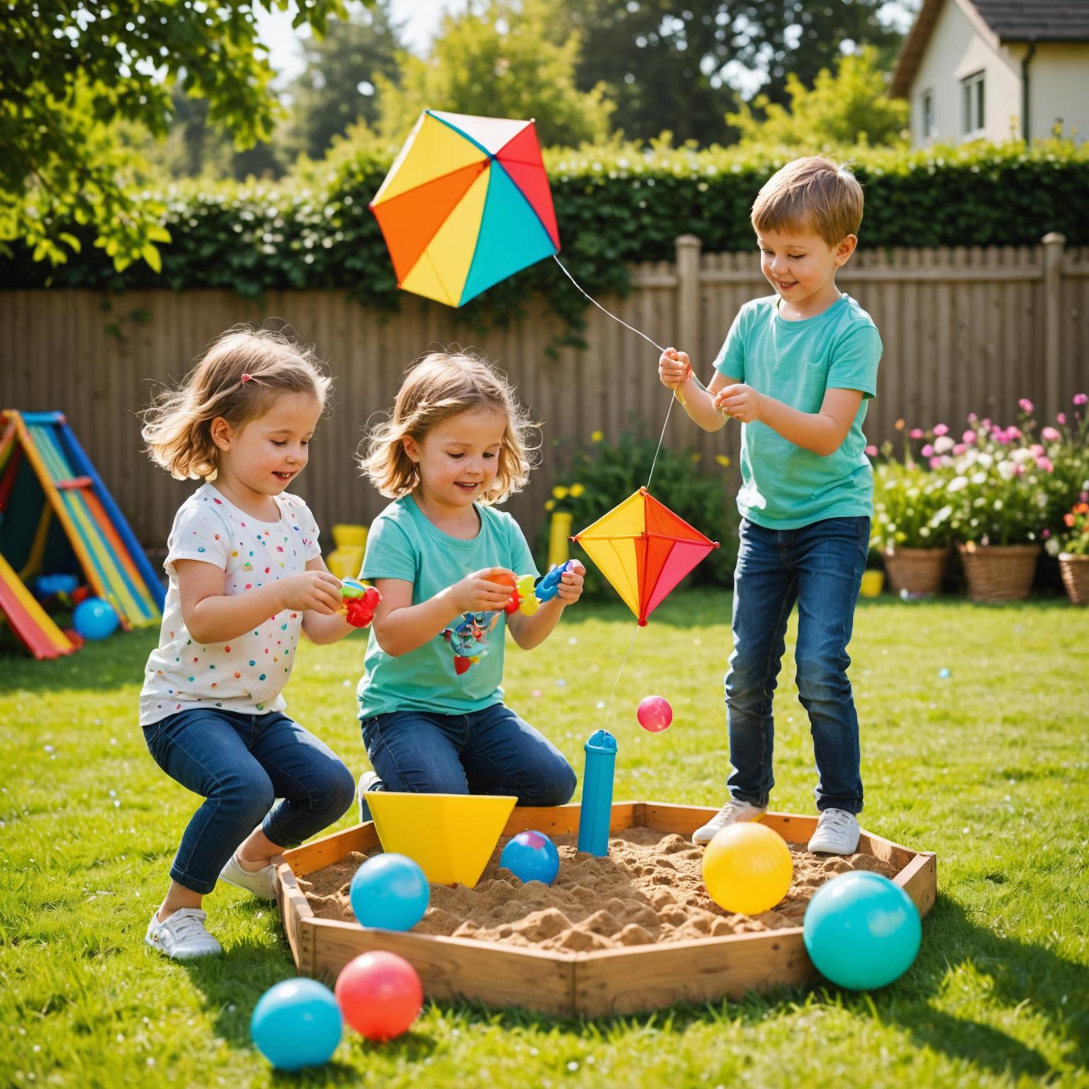Children enjoying outdoor toys in a sunny garden