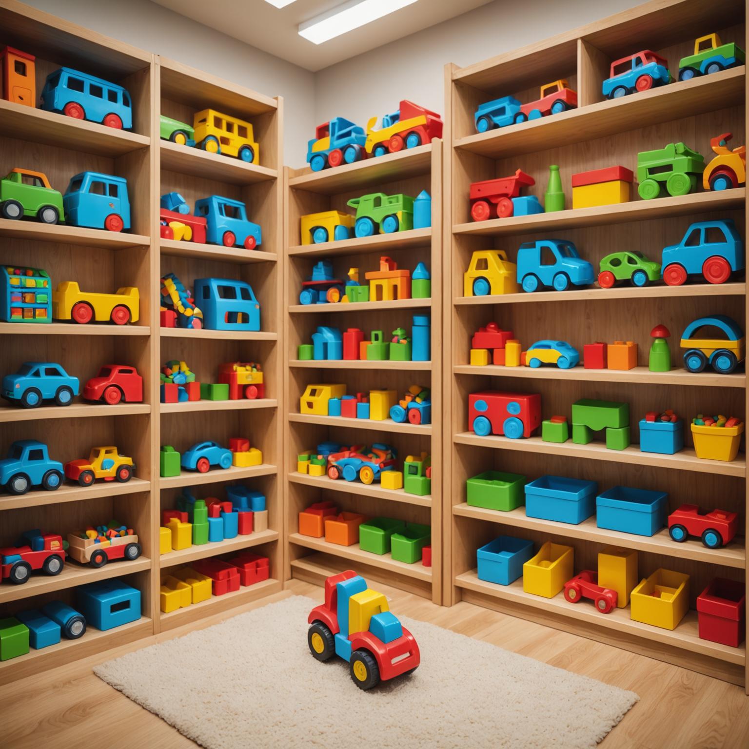 Colourful children's toy shop with wooden toys on shelves