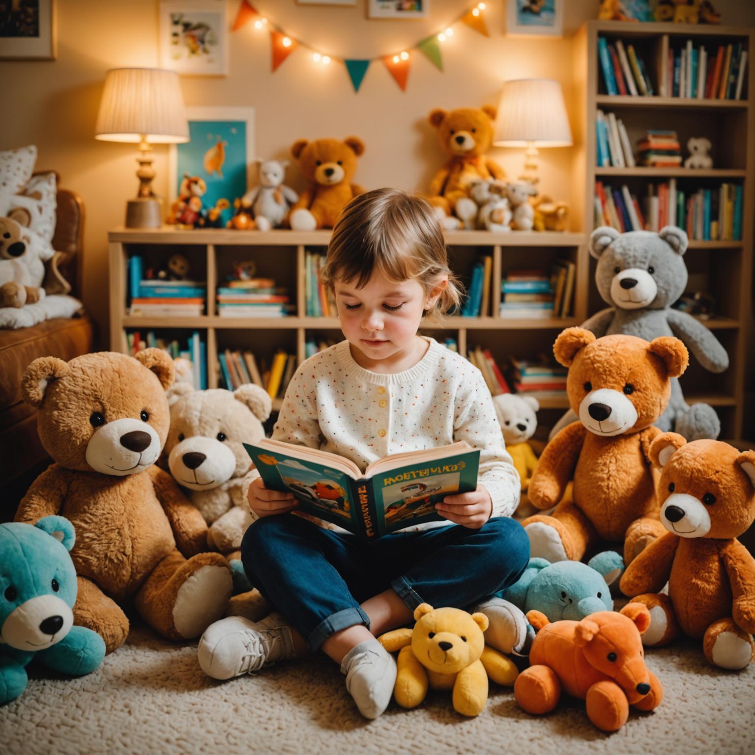 Child reading a picture book with stuffed animals
