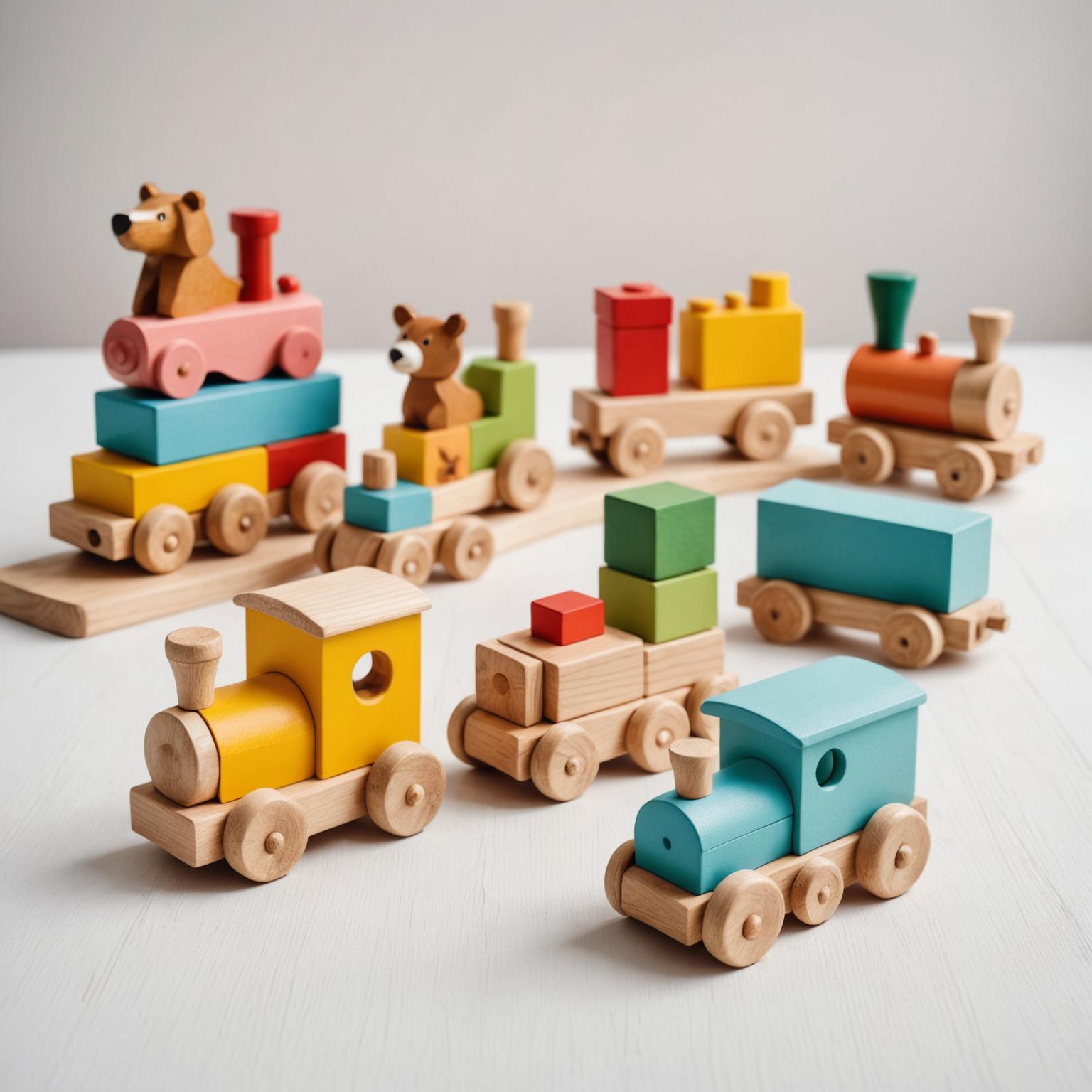 Handcrafted wooden toys including blocks and trains